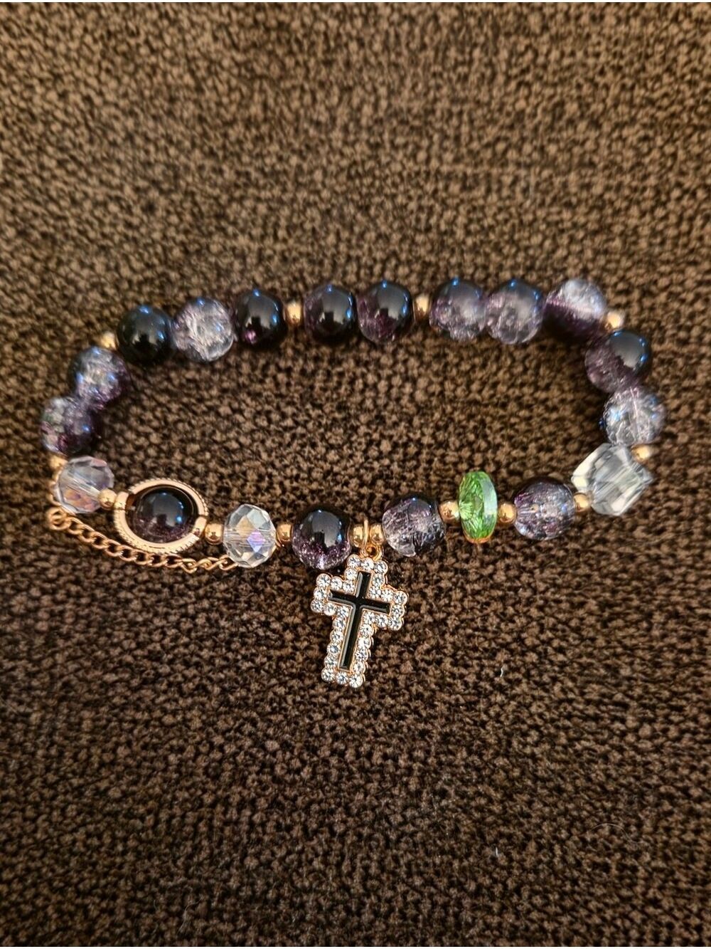 Purple Beaded Rhinestone Cross Charm Bracelet